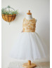 Gold Lace Ivory Tulle Corset Back Knee Length Flower Girl Dress